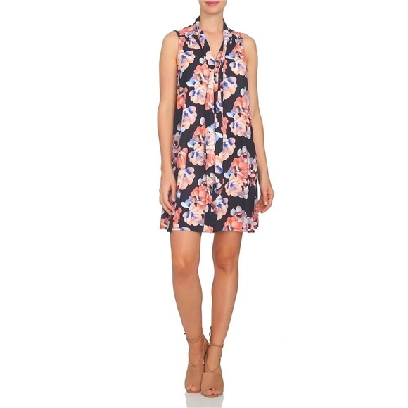 CeCe Black Floral Tie Neck Swing Shift Dress Size 0 - Picture 12 of 12